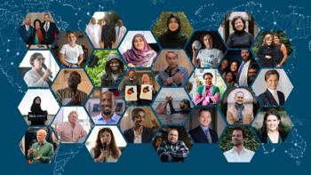 A vibrant collage featuring portrait photos of diverse individuals